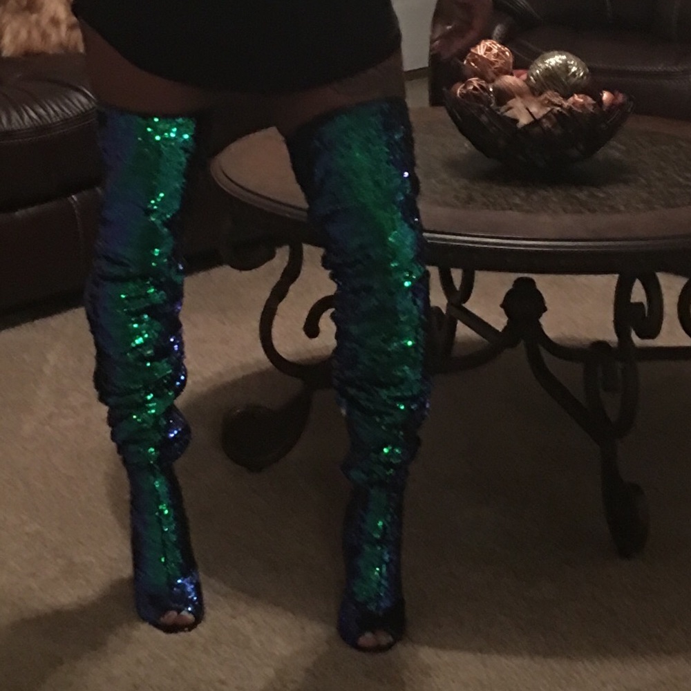 Thigh high open toe boots