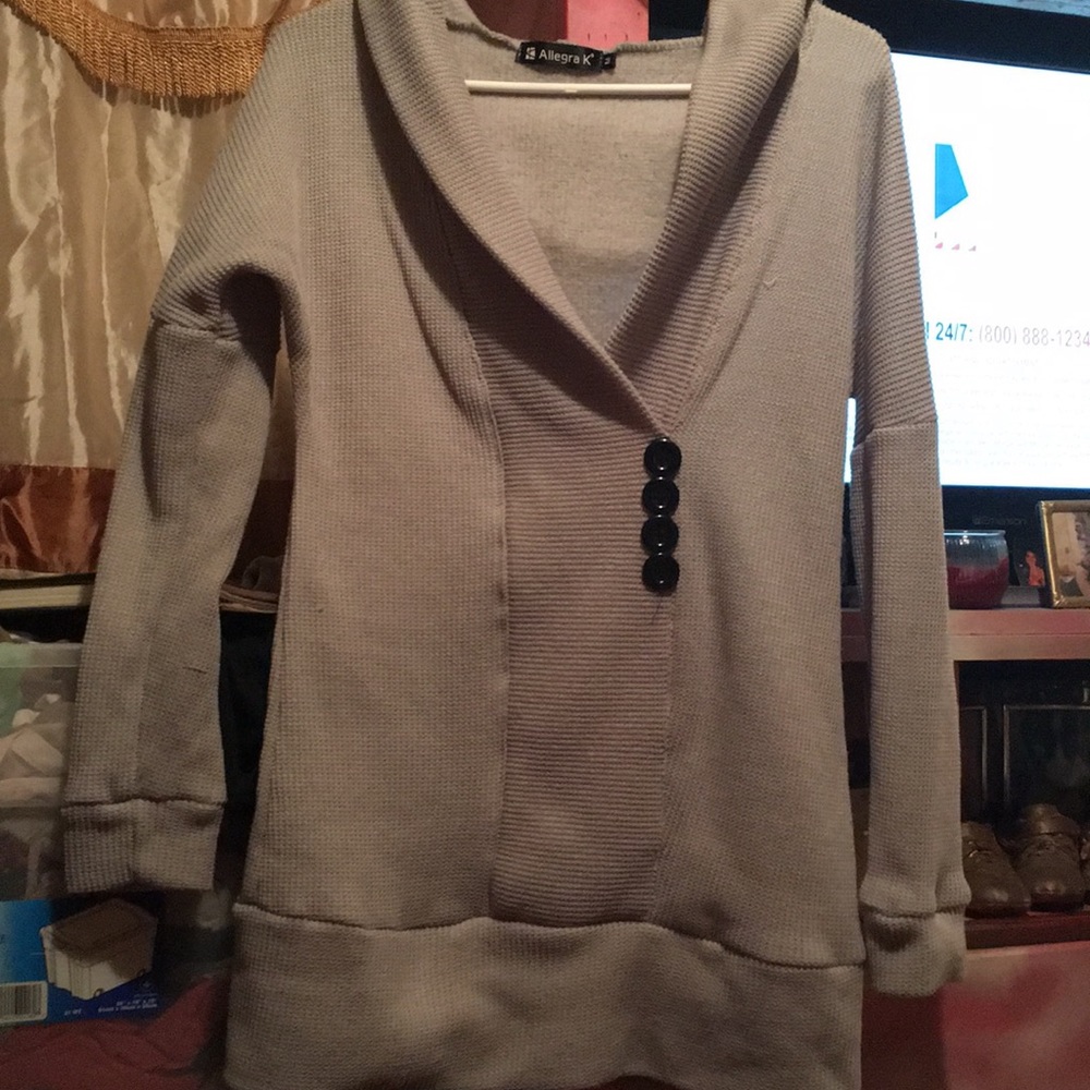 Grayish color sweater w/ hoodie & 4 buttons