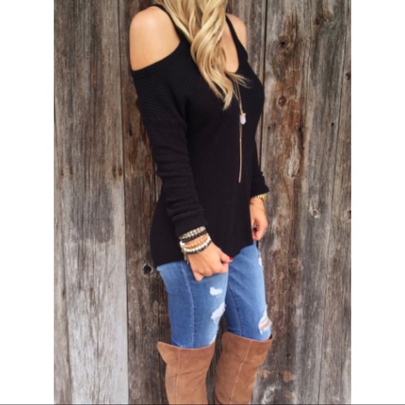 ‘Quinn’ Black Cold Shoulder Sweater - Picture 2 of 4