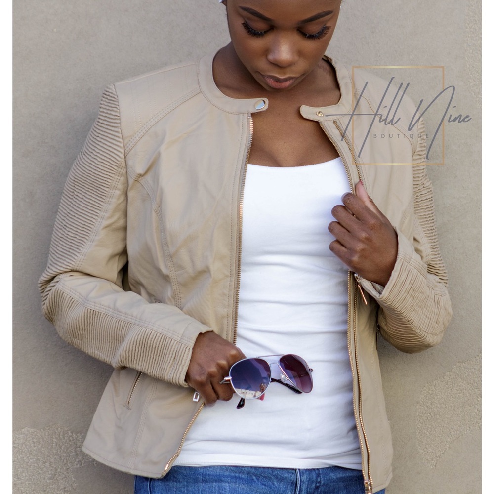 Cream Detailed Leather Jacket