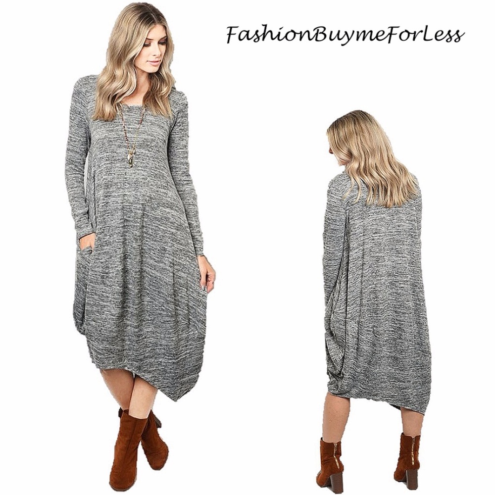 Gray BOHO Gypsy Asymmetric Hem Maxi Sweater Dress