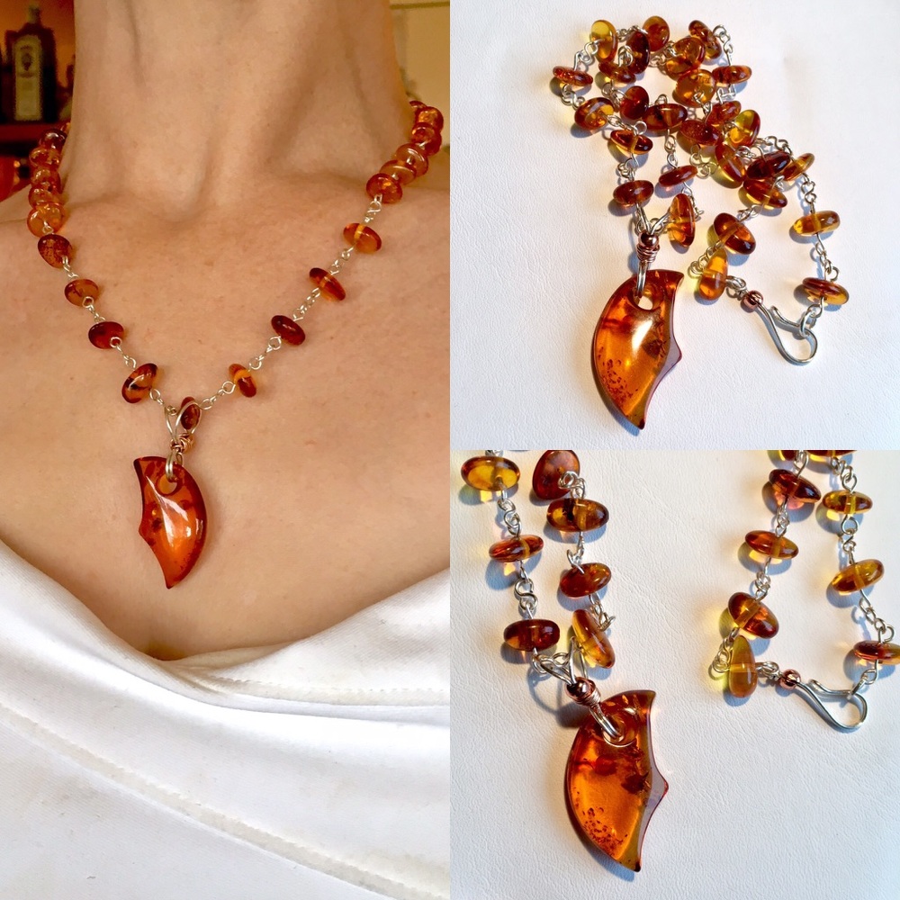 Amber, sterling silver and rose goldfill necklace
