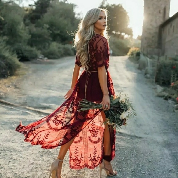 Red Embroidered Lace Maxi Romper - Picture 2 of 8