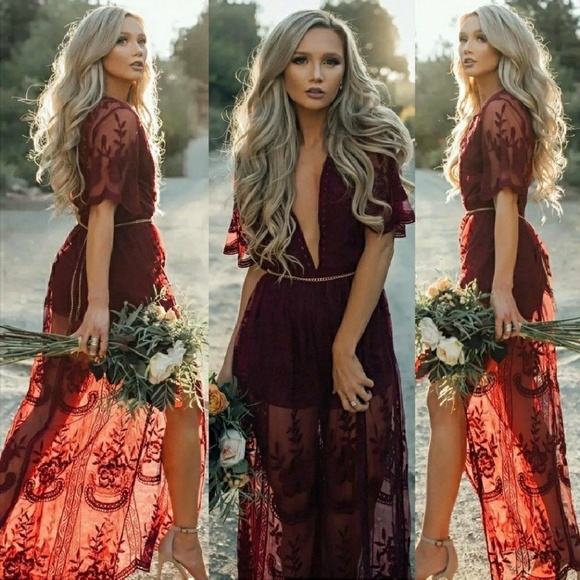 Dresses & Skirts - Red Embroidered Lace Maxi Romper