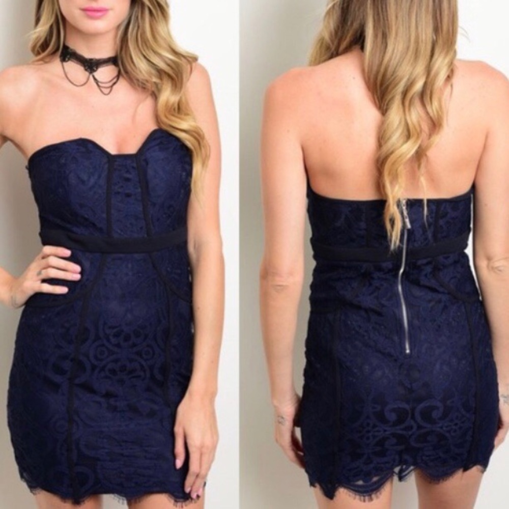 🆕Blue-Black Lace Strapless Mini Dress - Picture 1 of 1