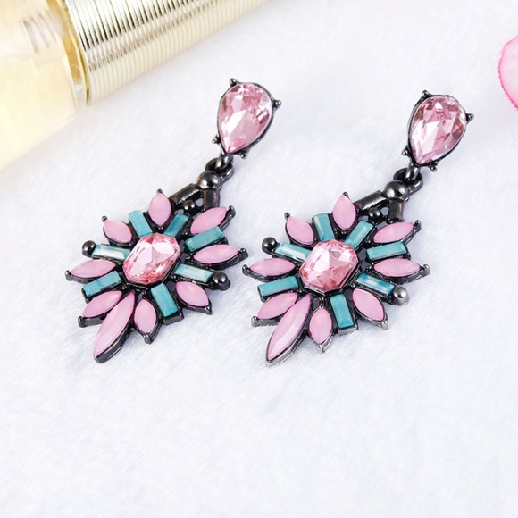 Pink & Blue Crystal Floral Statement Earrings - Picture 3 of 3