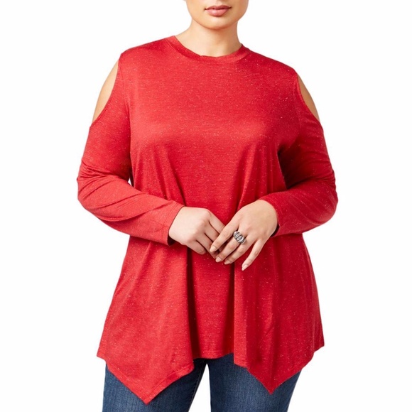 Style & Co. Tops - Cold-Shoulder Sparkle Red 1X Top Loose Keyhole Top