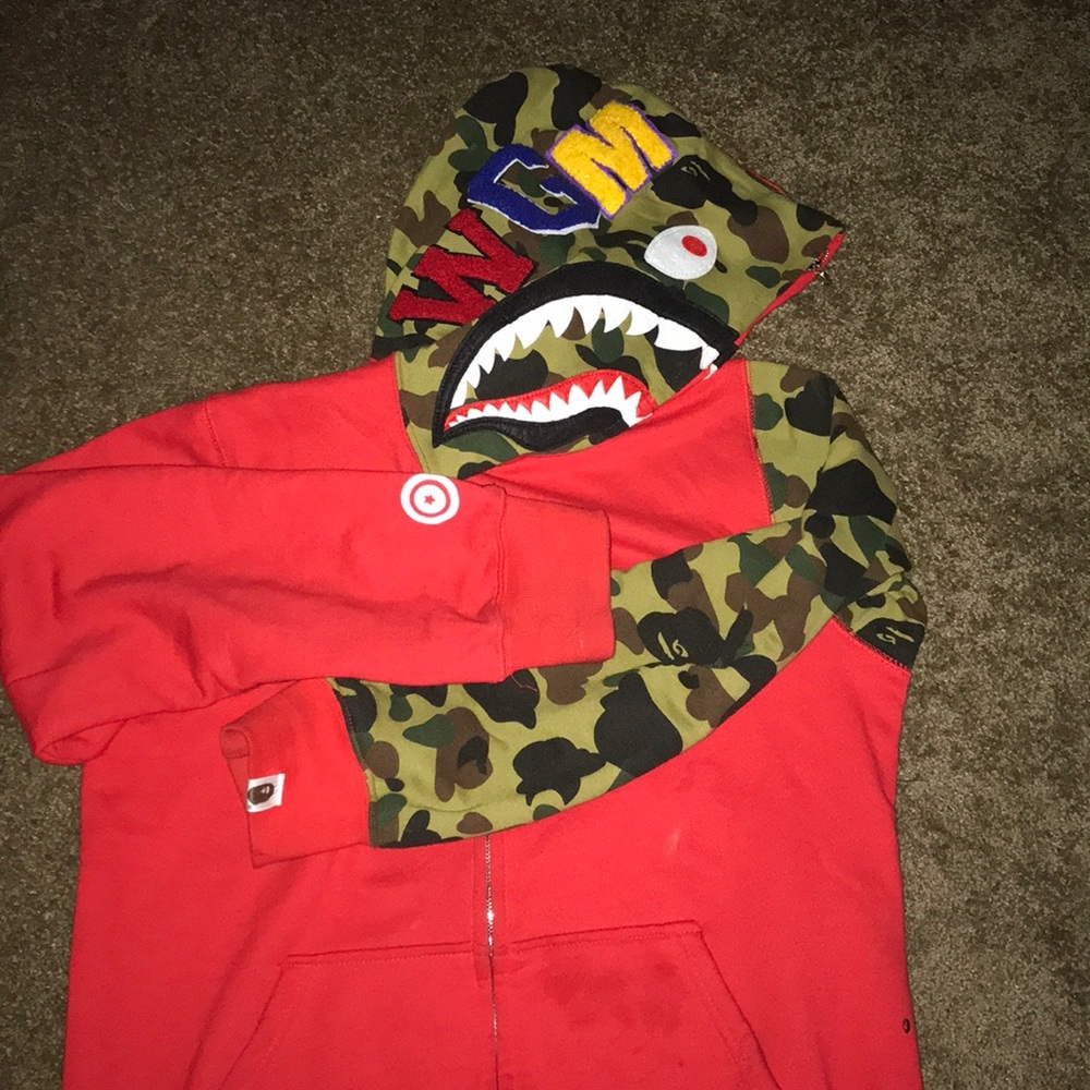 Ape bape first camo shark full zip-up hoodie red