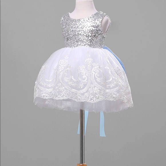 Light Blue Princess Puffy Tulle Dress with Flowers, Sequins and Bowknot