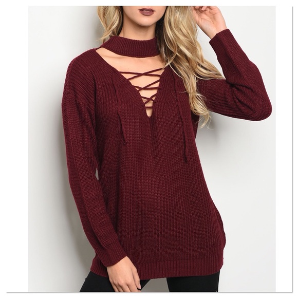 LAST ONE!! Wine Lace Up Choker Sweater - Picture 2 of 3