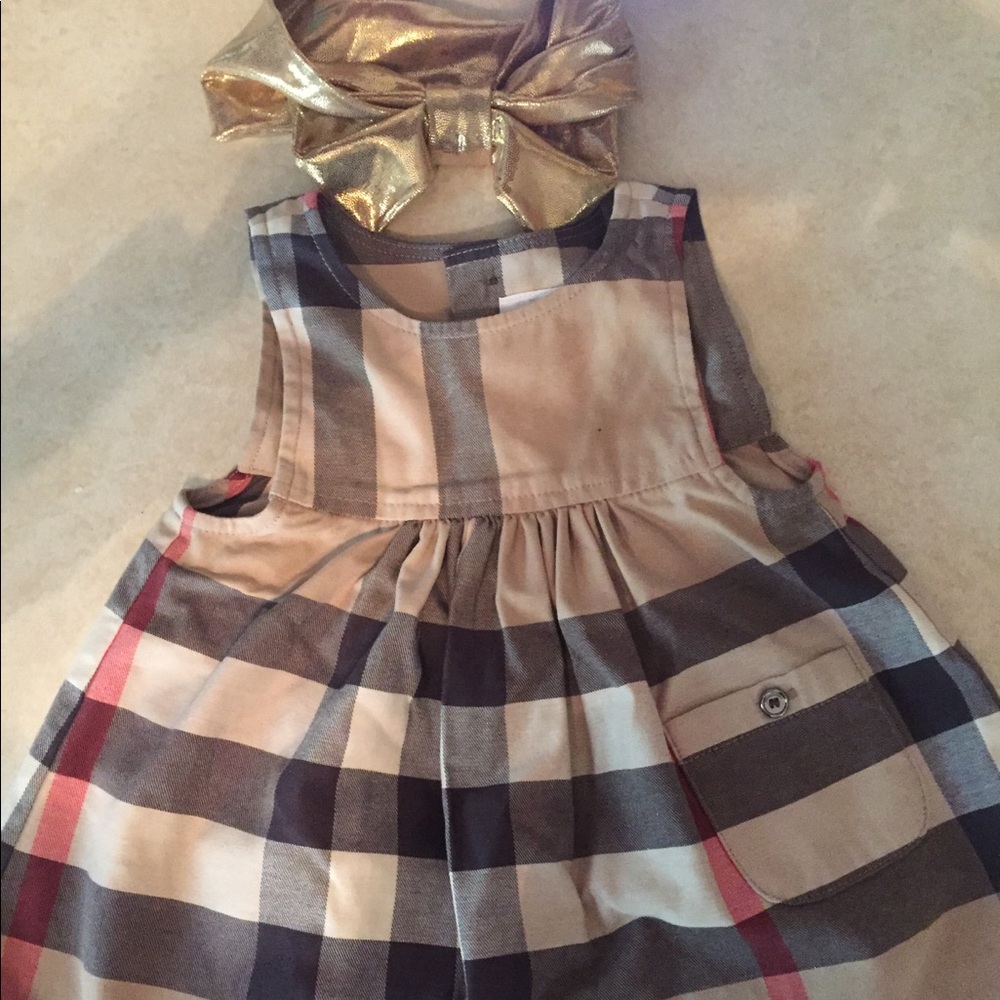 Burberry 6 month dress and Etsy headband
