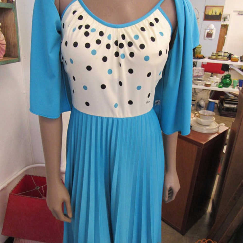 Alfred Shaheen Blue and White Polka Dot Dress