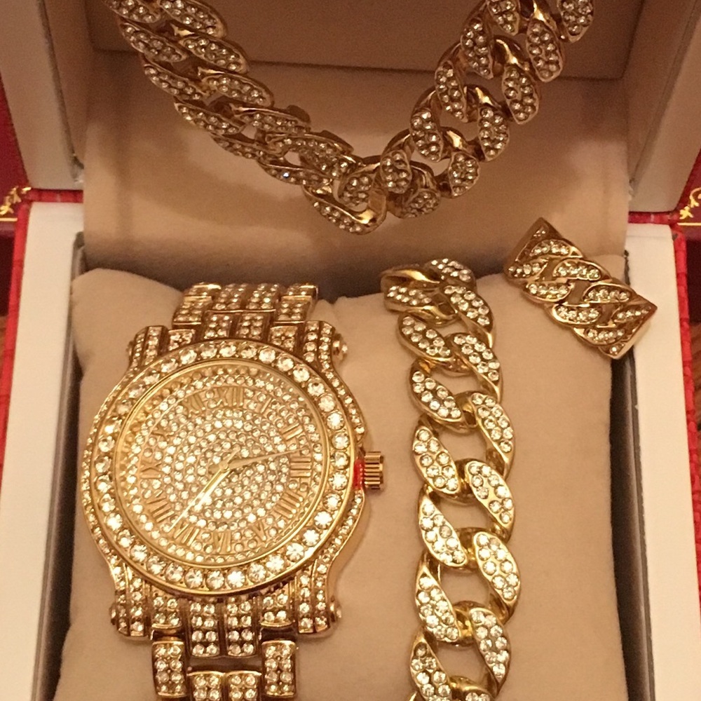 Men’s Gold Plated Watch&Cuban Braclet&Ring&Chain