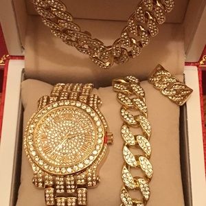 Men’s Gold Plated Watch&Cuban Braclet&Ring&Chain