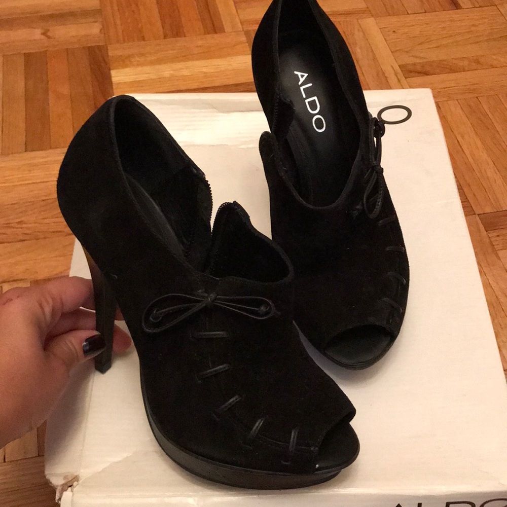 Black Suede hidden platform peep toe heels
