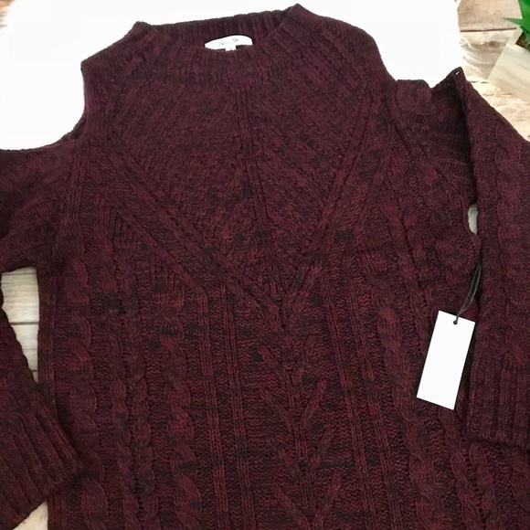 NWT Burgundy Cable Knit Cold Shoulder Sweater - Picture 3 of 4