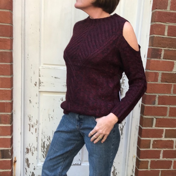 NWT Burgundy Cable Knit Cold Shoulder Sweater - Picture 2 of 4