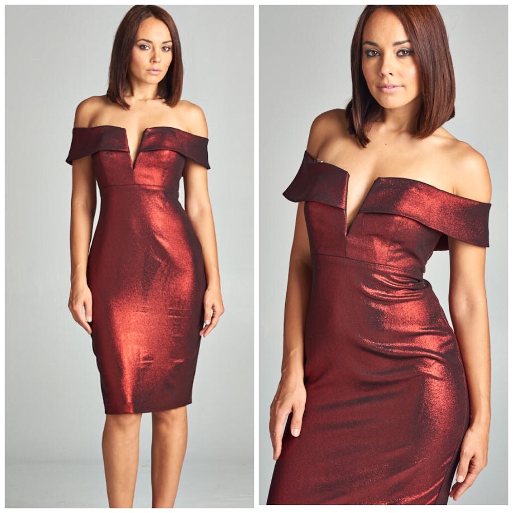 Metallic Red black off the shoulder monica dress