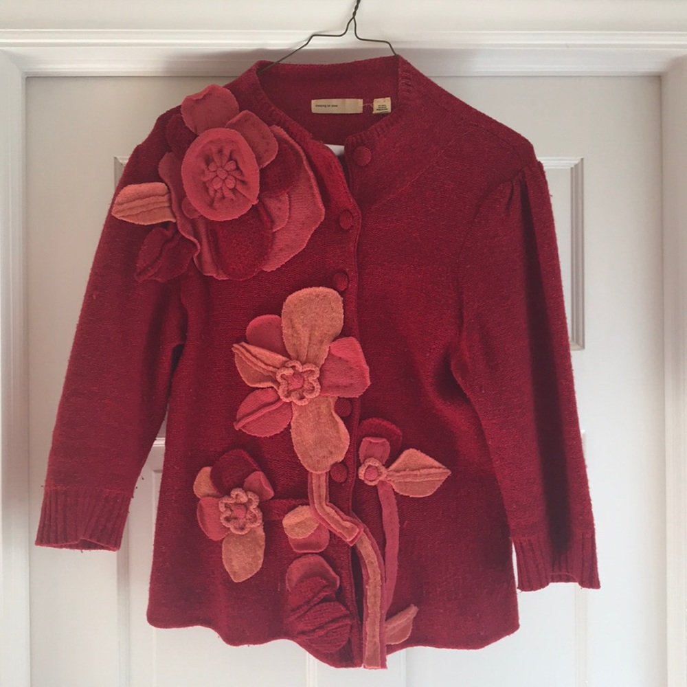 Anthropologie Red cardigan with flower appliqué
