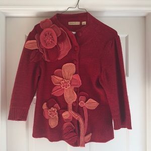 Anthropologie Red cardigan with flower appliqué