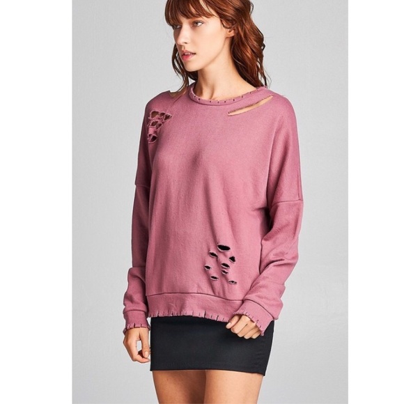 LAST! Blush Long Sleeve Distressed Terry Top - Picture 3 of 6