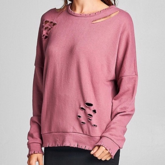 LAST! Blush Long Sleeve Distressed Terry Top - Picture 6 of 6