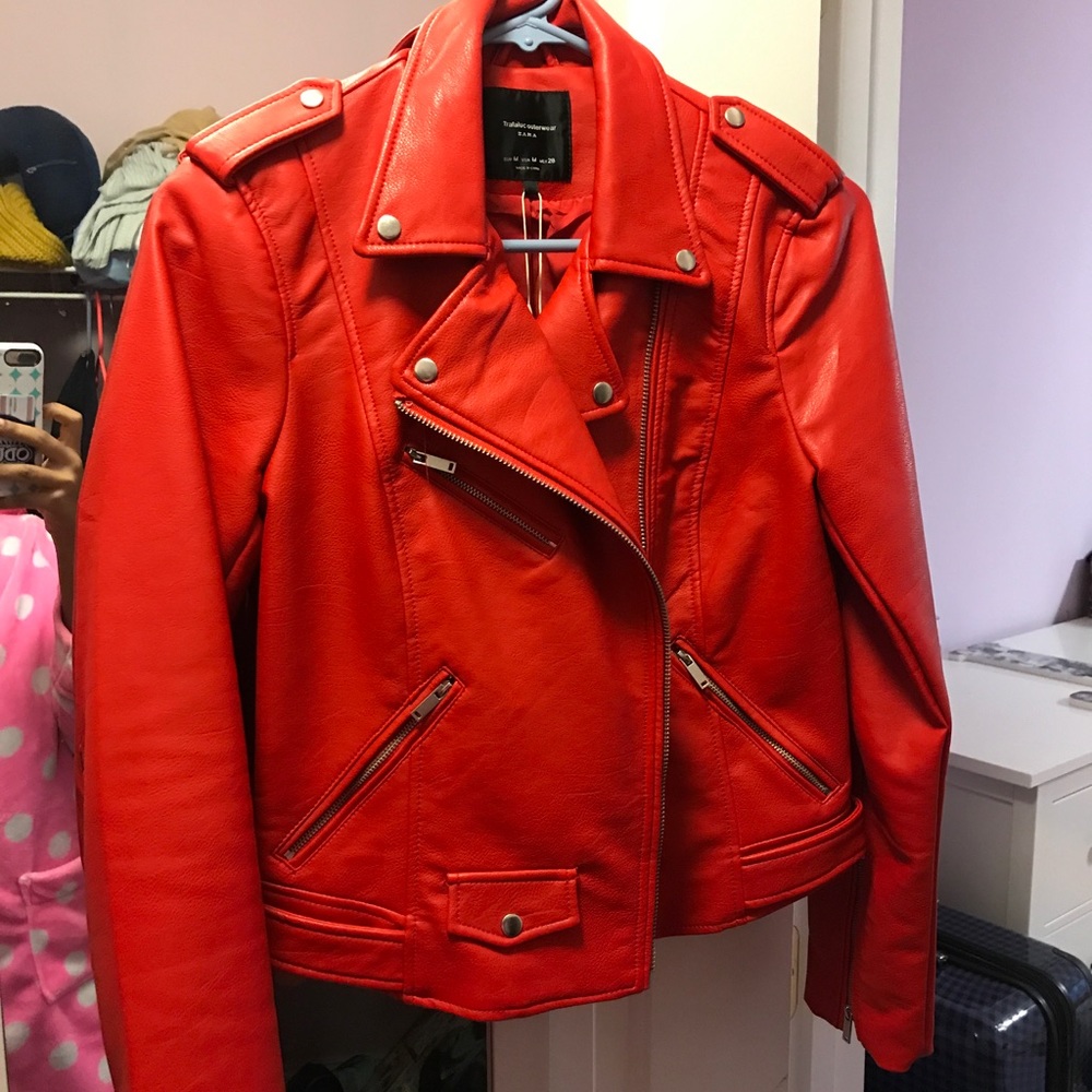 Red faux leather jacket