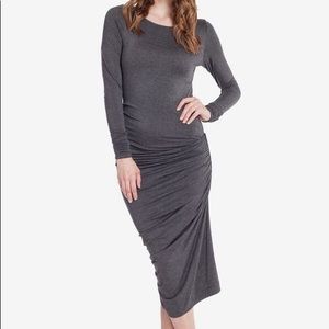 Brown Long Sleeve Ruched Midi Dress