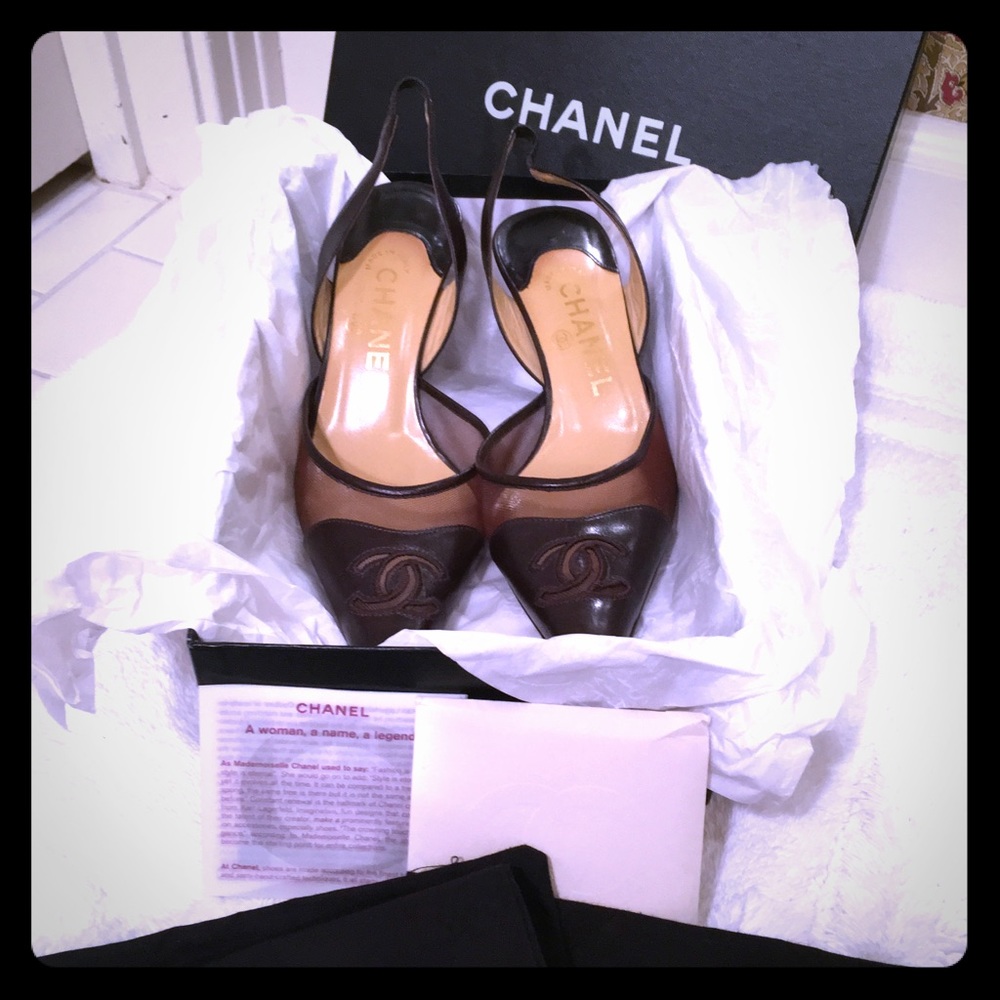 Chanel slingback pointed toe with mesh sides