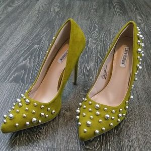 🆕💚Olive Green Faux Suede Silver Beaded Heels