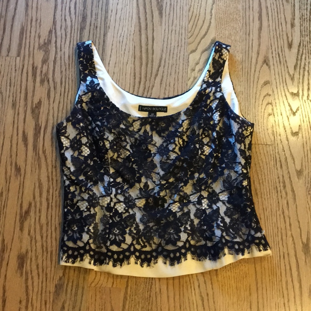 Beige tank top with black lace over-lay