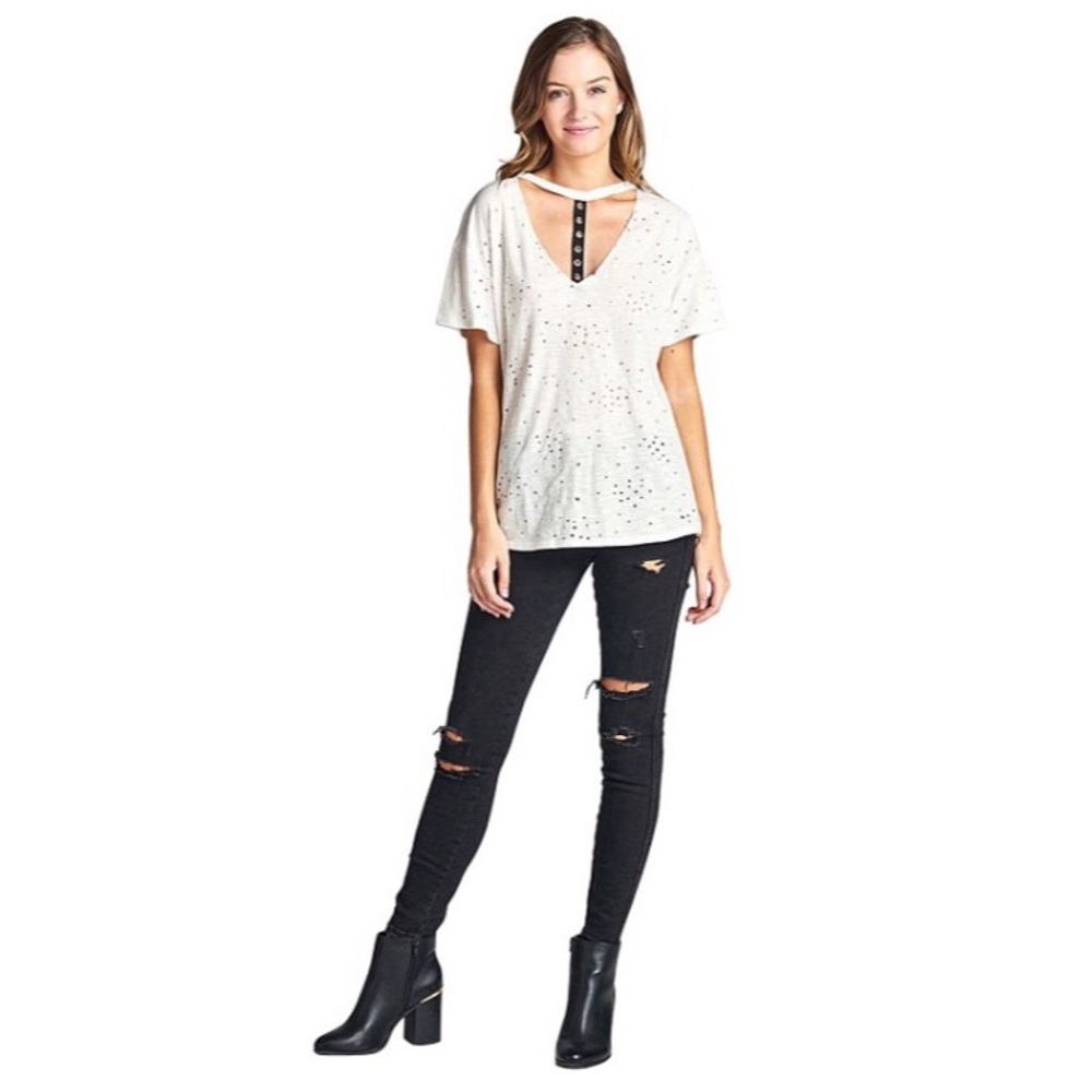 LAST! NWT Distressed Cutout Crewneck White Tee - Picture 2 of 6