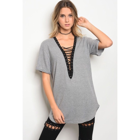 NWT Lace Up Tie Front V-neck Soft Tunic Tee - Picture 2 of 5