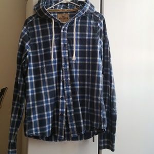 Hollister blue woven shirt with hood