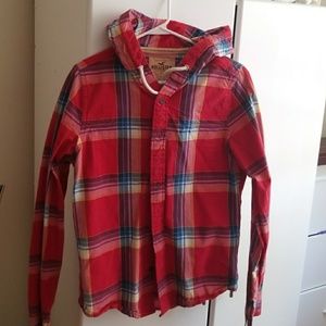 Hollister red plaid woven shirt with hood