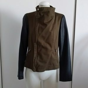 Green jacket with faux leather sleeves