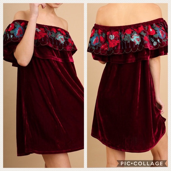 Umgee Dresses & Skirts - M Only Crushed Velvet embroidered dress