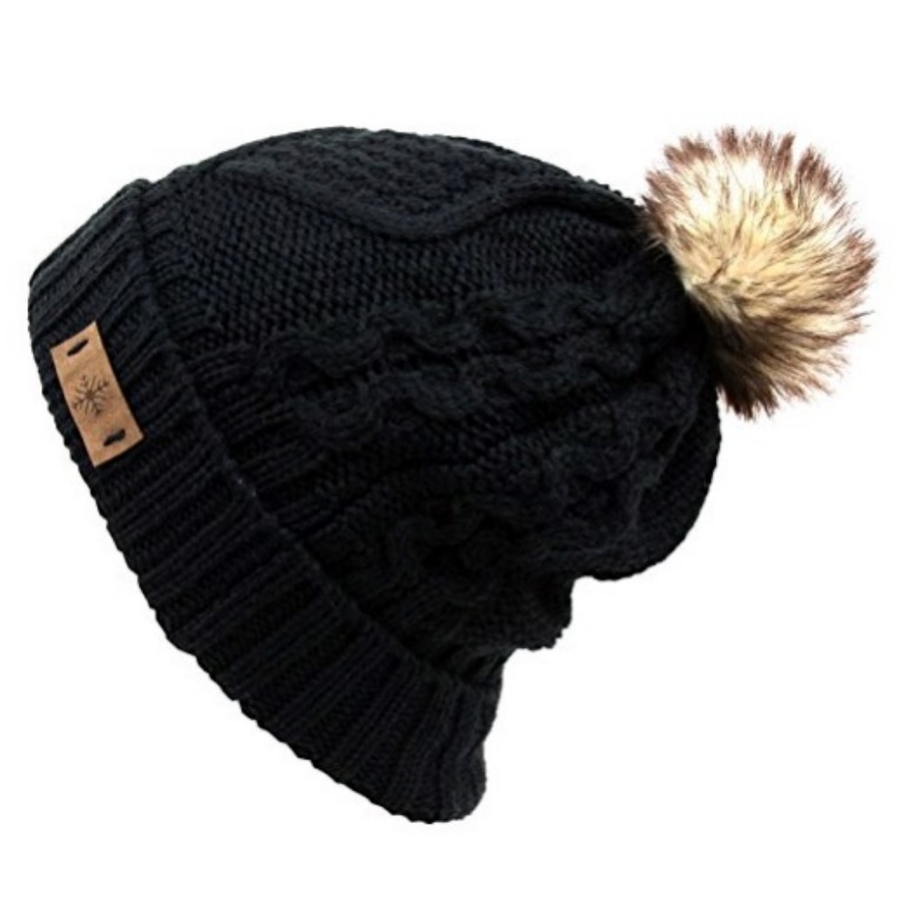 Black Pom Pom Fleece Lined Beanie - Picture 2 of 6