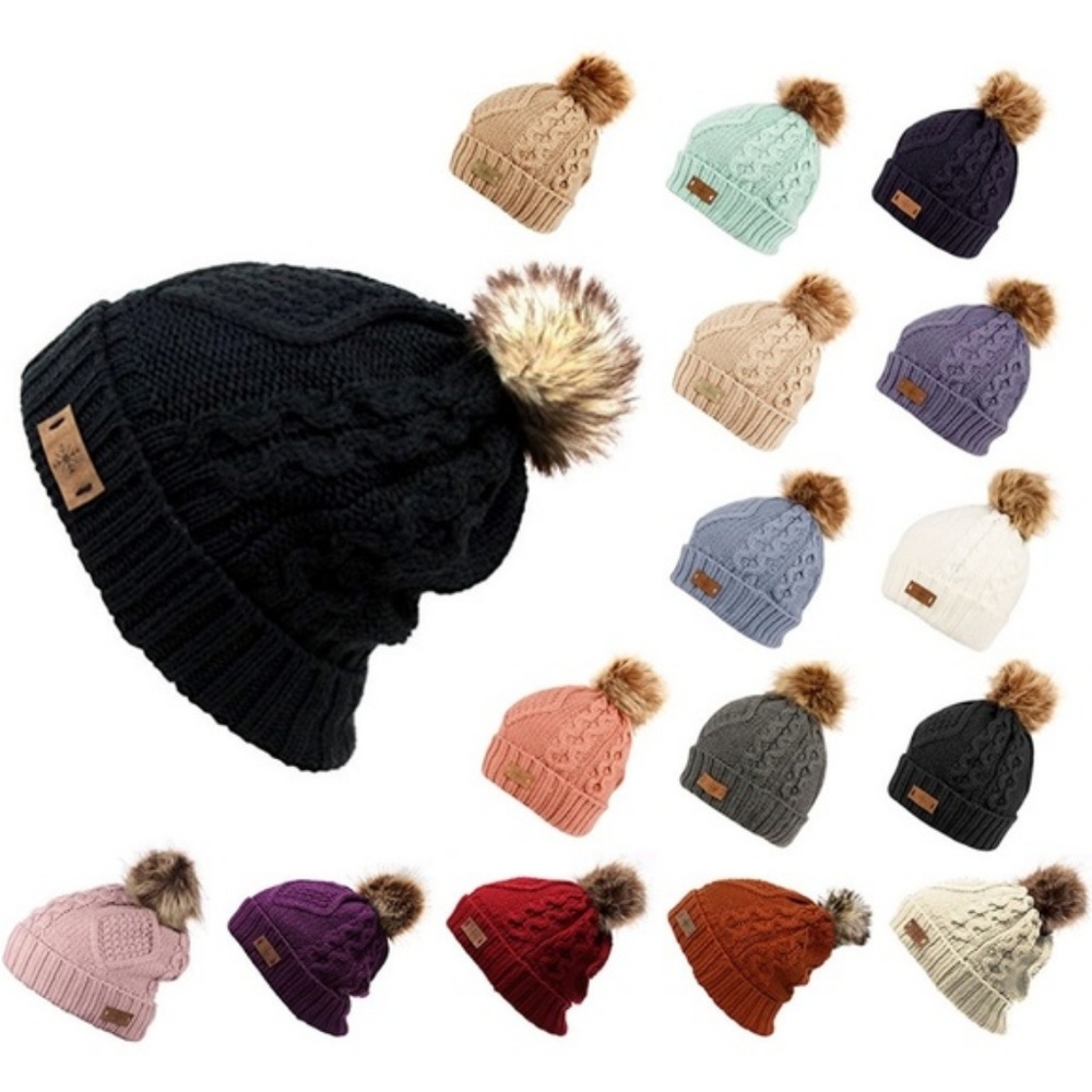 Black Pom Pom Fleece Lined Beanie - Picture 3 of 6