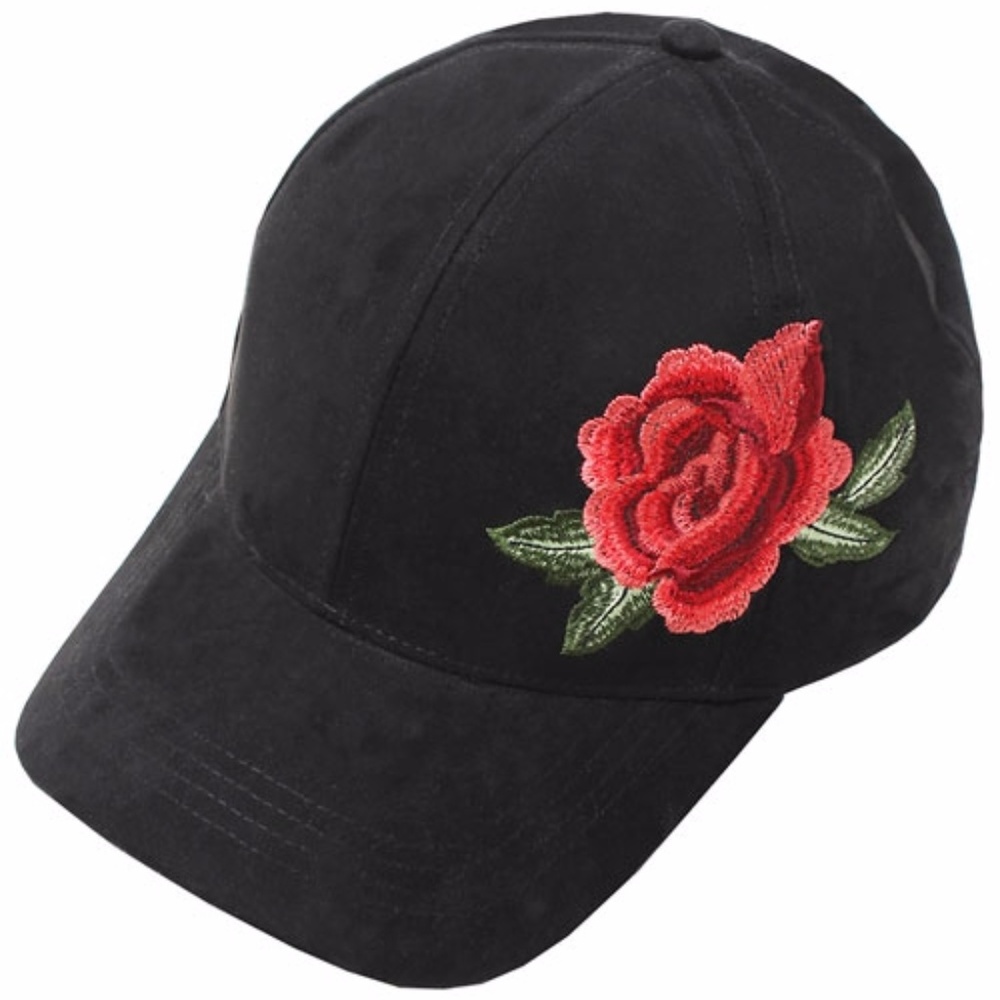 Suede Black Baseball Cap with Flower Embroidery