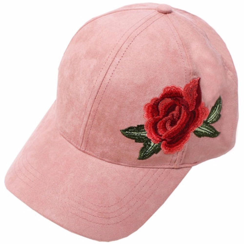 Suede Pink Baseball Cap with Flower Embroidery