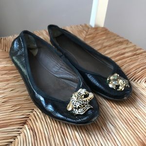 Black Topshop Patent Leather Flats w Gold Leopard