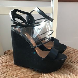 Black Platform Wedges Lug Sole Clear PVC Strap 7.5