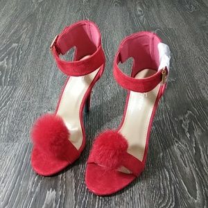 🆕♥️ Red Faux Fur Puff Ankle Strap Heels