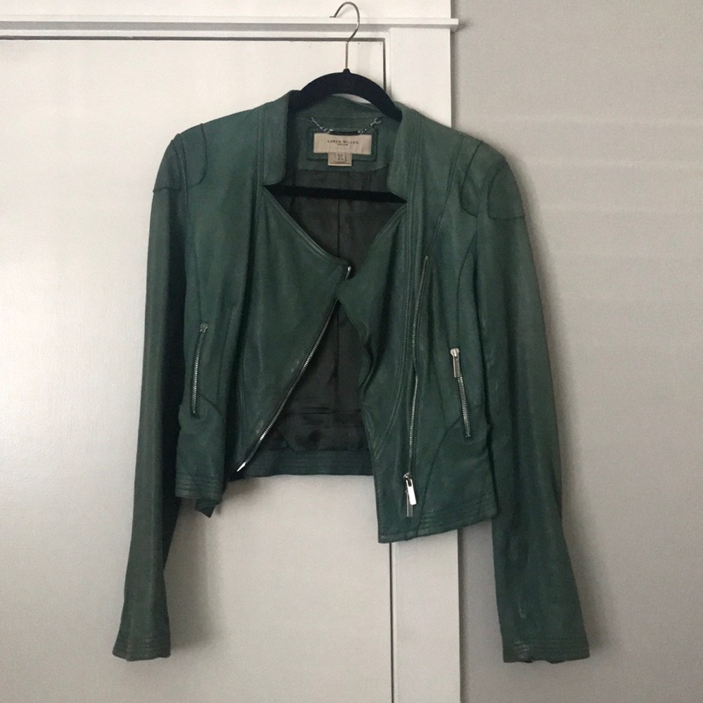 Karen Millen cropped green leather jacket