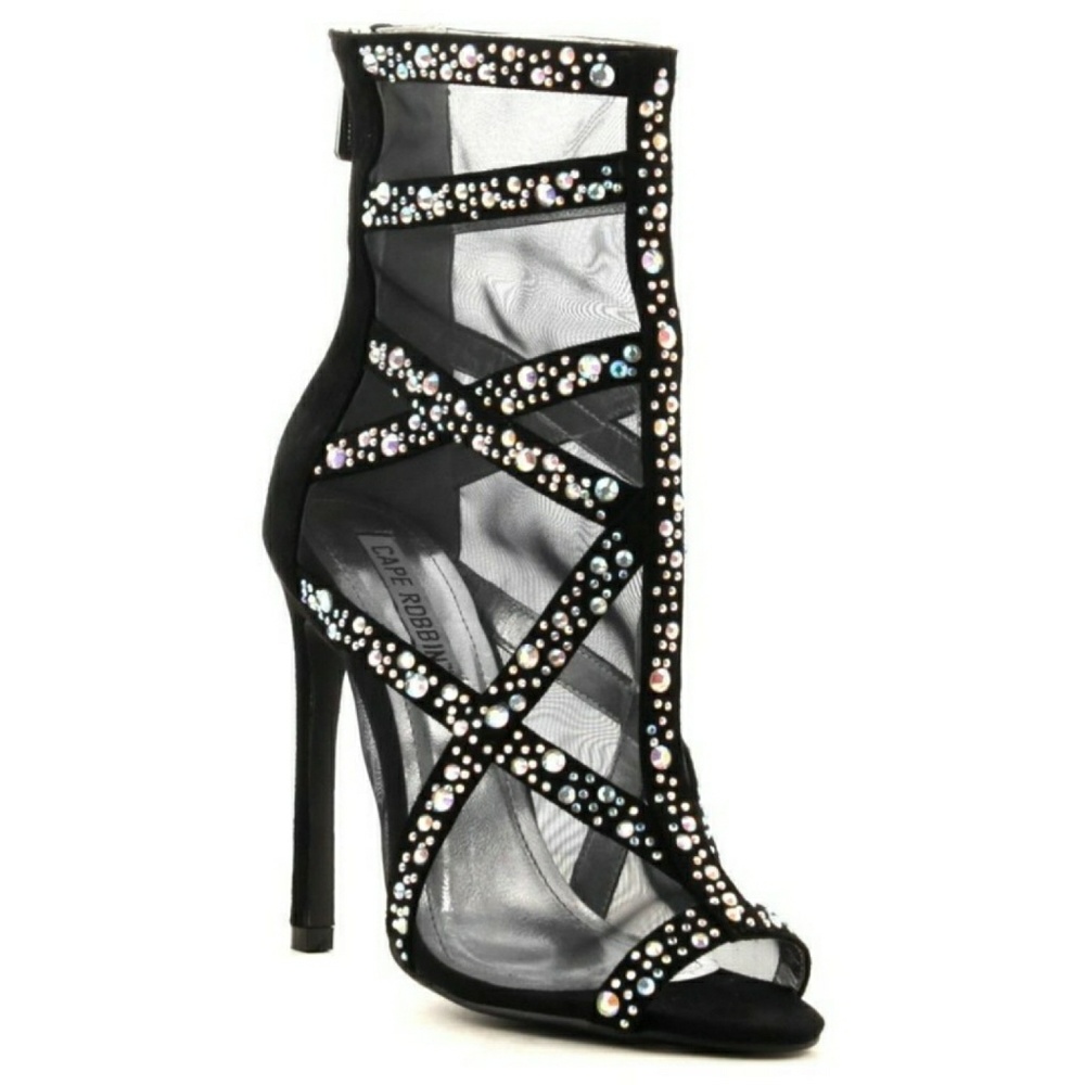 💥5-STARS💥Rhinestone Black Ankle Heel Booties - Picture 2 of 2
