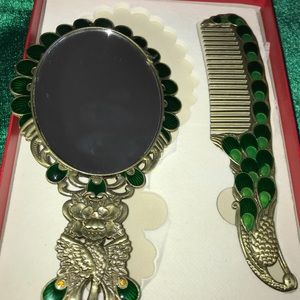 Peacock enameled crystal mirror comb set