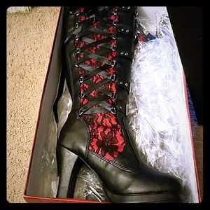 Women's black and red knee-high boots