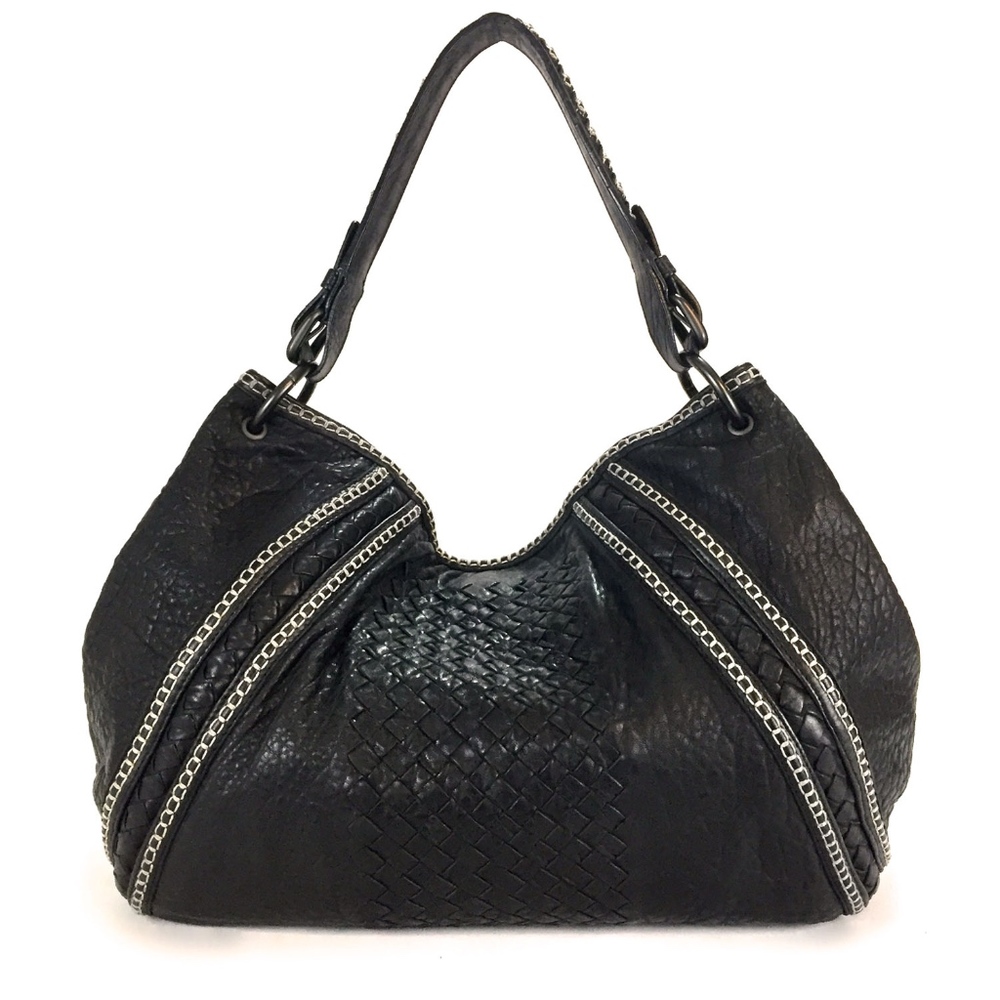 BOTTEGA V. Italy Blk Leather Weaved Single Strap