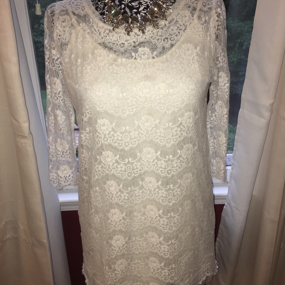 Forever 21 Off White Lace Sheer Shift Mini Dress - Picture 1 of 7